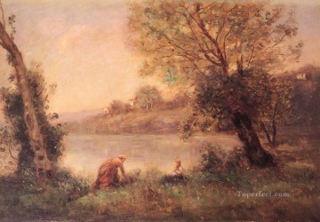  Leda Arte - VILLEDAVARYPAYSANNE ET SON ENFANT ENTRE DEUX ARBRES AU BORD DE plein air Romanticismo Jean Baptiste Camille Corot